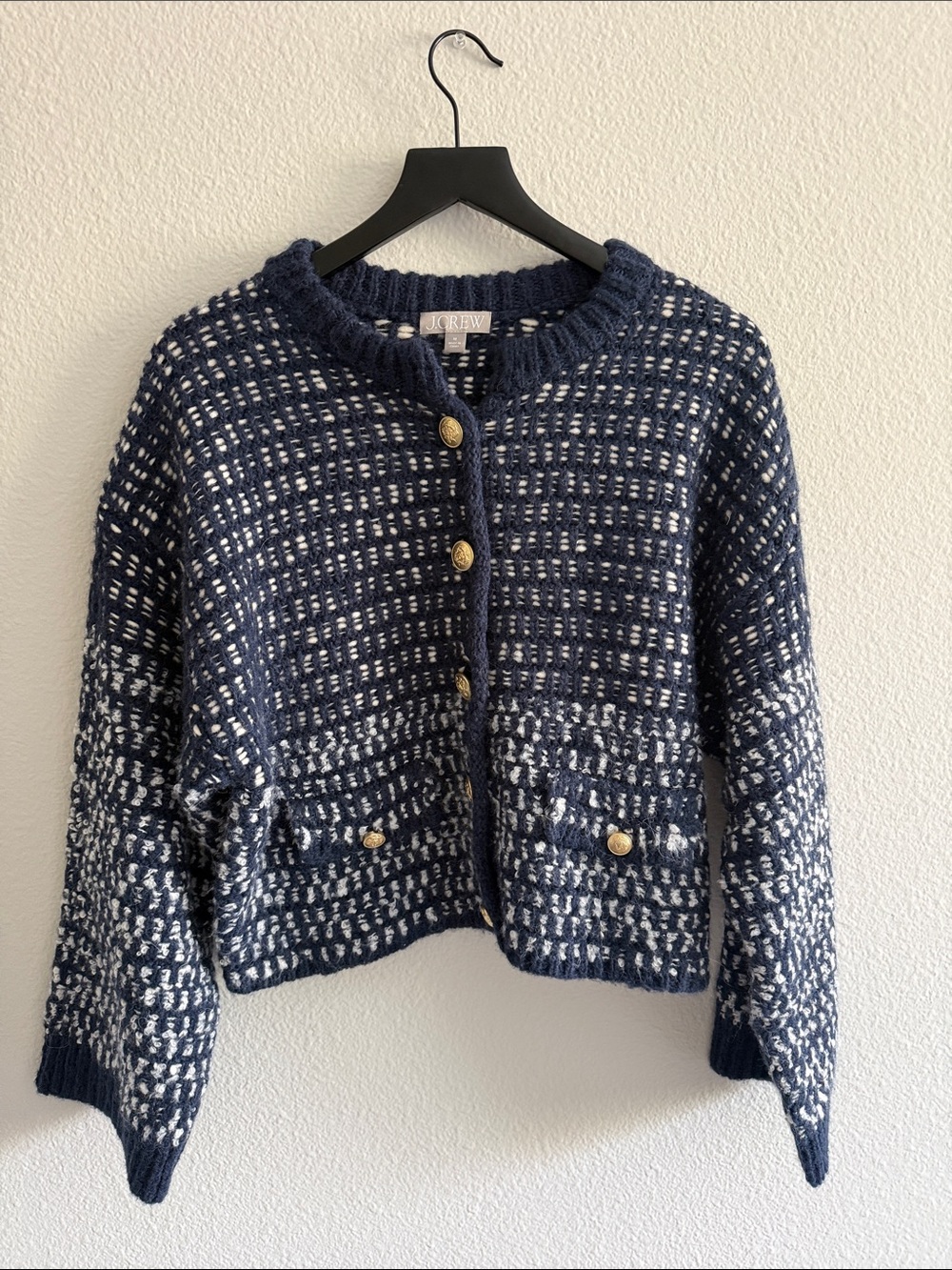 J. Crew Navy and White Textured Knit Cardigan with Gold Buttons